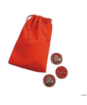 1 1/4" Red Santa Believe Metal Coins with Red Velvet Drawstring Bag-24 Pc.
