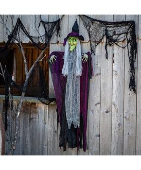 Hanging Animated Witch with Green Eyes Halloween Decoration 4 Ft.
