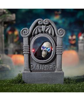 Gray Tombstone with Light-Up Moving Skeleton Head Halloween Decoration, 22"