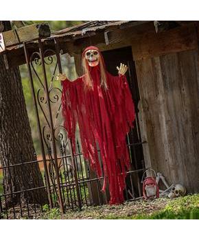 Light-Up Skeletal Reaper in Red Robes Halloween Hanging Decoration 66 3/4"
