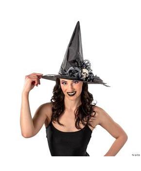 Black Flowers & Skull Polyester Witch Hat Costume Accessory, 17 1/2" x 14 3/4"