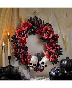 Red & Black Flower Wreath with Skulls Halloween Decoration, 16 3/4" x 3 1/2"