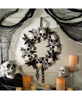 Skulls & White Roses Wreath Halloween Decoration 23 1/2" x 15 3/4"