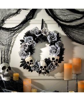 White Roses Wreath with Skulls Halloween Decoration, 17 1/2" x 17 1/2"