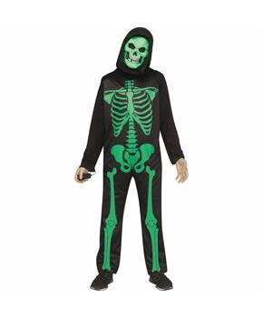Kids Black Light Neon Skeleton Hooded Jumpsuit Costume