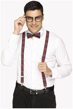 Adults Nerd Black & Plaid Suspender Set Costume