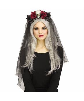 Adults Skull & Roses Horror Bridal Veil Headband - One Size