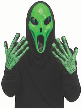 Adults Alien Spawn Green Full Mask with Black Shroud & Green Gloves Set