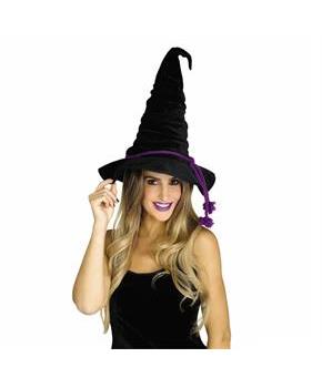 Adults Black Velour Witch Hat with Purple Rope - One Size