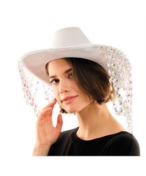 Adults White Cowboy Hat with Iridescent Beaded Fringe