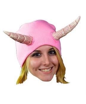 Adults Devils Cap Pink Knit Hat with Horns - One Size