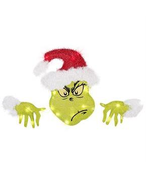 16" Santa Grinch Festive Fence Sitter Lighted Christmas Outdoor Yard Decoration