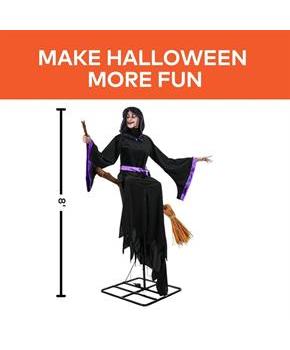 8 Ft. Animated Light-Up Hovering Witch with Broom & Wand Halloween Decoration