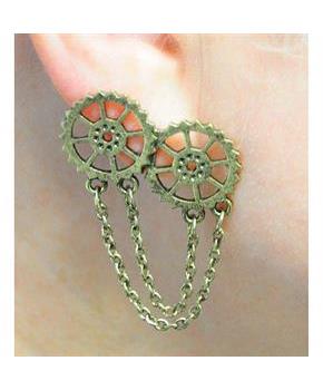 EARRINGS GEAR DROP CHAIN STUDS