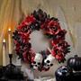 Red & Black Flower Wreath with Skulls Halloween Decoration, 16 3/4" x 3 1/2"