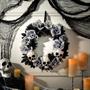 White Roses Wreath with Skulls Halloween Decoration, 17 1/2" x 17 1/2"