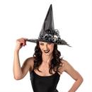 Black Flowers & Skull Polyester Witch Hat Costume Accessory, 17 1/2" x 14 3/4"