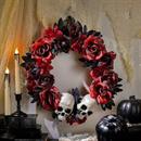 Red & Black Flower Wreath with Skulls Halloween Decoration, 16 3/4" x 3 1/2"