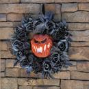 17 1/4" Black Floral Wreath with Light-Up Pumpkin Halloween Decoration