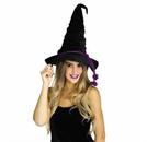 Adults Black Velour Witch Hat with Purple Rope - One Size