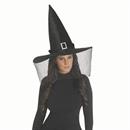 Adults Black Polyester Witch Hat with Bling Buckle and Netted Veil Costume Accessory
